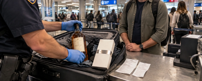 Customs officer's gloved hands checking a spirits bottle, perfume box and receipts from an open suitcase at an arrivals inspection counter