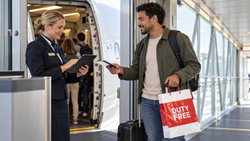 Airline gate agent checking a boarding pass beside a passenger holding a duty-free shopping bag and a rolling carry-on at the boarding gate