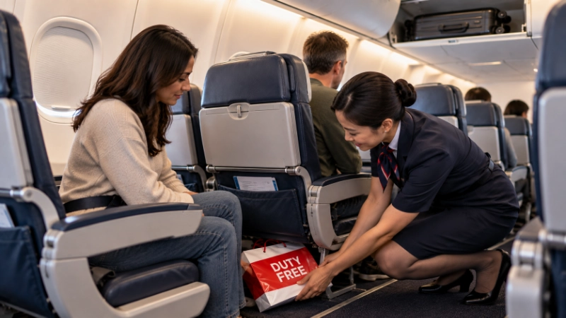Flight attendant helping a passenger stow a small duty-free shopping bag under the aircraft seat while their carry-on suitcase sits in the overhead bin above