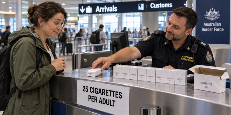 Traveller holding a carton of cigarettes at an airport customs desk while an officer checks the limit