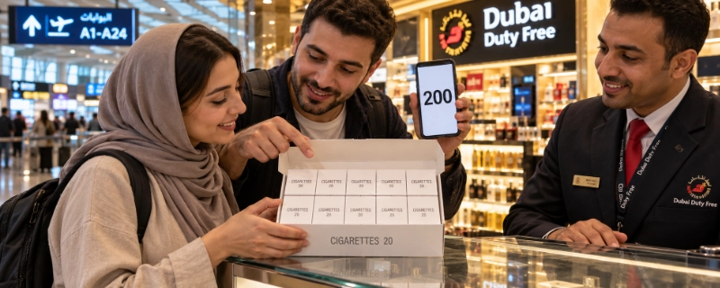 Traveller at a duty-free counter choosing between cartons of cigarettes, with the allowance noted on a phone