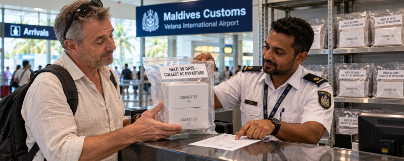 Customs officer counting cigarette packs from an open suitcase on an inspection counter