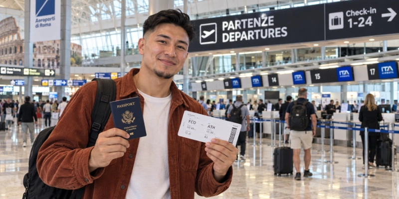 Traveler in the departures hall of Rome Fiumicino airport holding a U.S. passport and a paper boarding pass and smiling at the camera, with check-in desks behind him