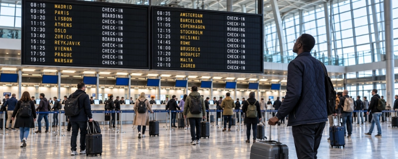 Wide view of the departures hall at Frankfurt airport with two large boards listing only cities such as Lisbon, Athens, Oslo, Zurich, Reykjavik and Vienna, and a traveler with a wheeled bag looking up at them