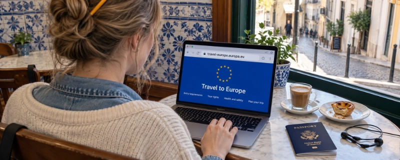 Over-the-shoulder view of a laptop in a Lisbon cafe showing a web browser with an address bar and a blue European Union style website