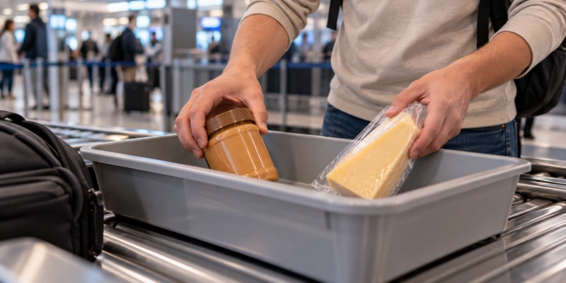 Traveller placing a jar of peanut butter and a vacuum-sealed cheese wedge into an airport security tray