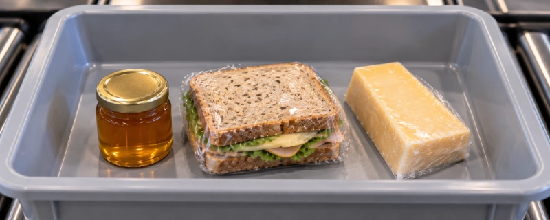 Airport security tray holding a small honey jar, a wrapped sandwich, and a block of hard cheese side by side