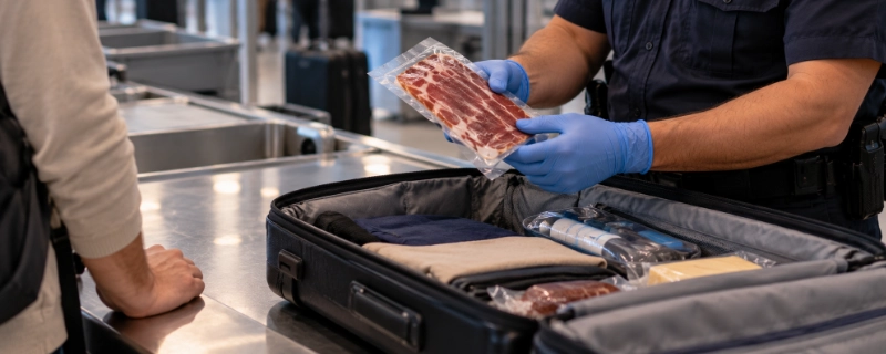 Customs officer inspecting a vacuum-sealed package of cured meat pulled from a traveller's suitcase