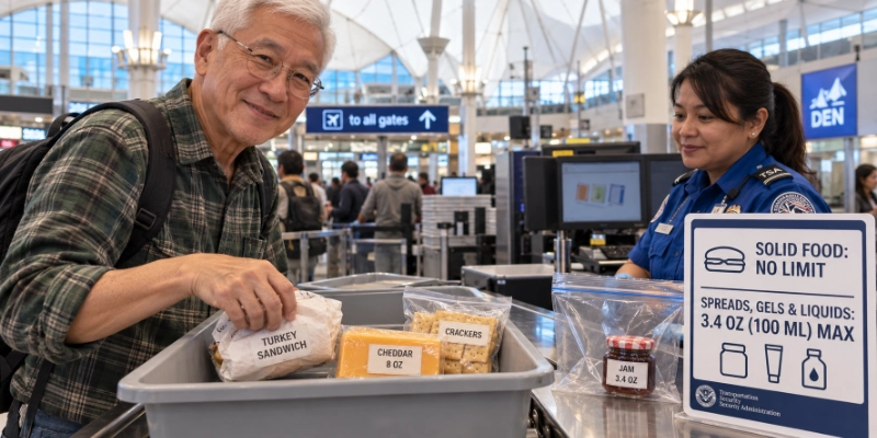 Traveller at the Denver International Airport TSA checkpoint putting a sandwich, a block of cheese and a bag of crackers into a bin beside a sign reading solid food no limit
