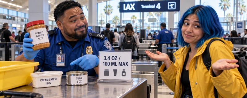 TSA officer at a Los Angeles International checkpoint holding a large jar of peanut butter next to a sign reading 3.4 oz or 100 ml maximum