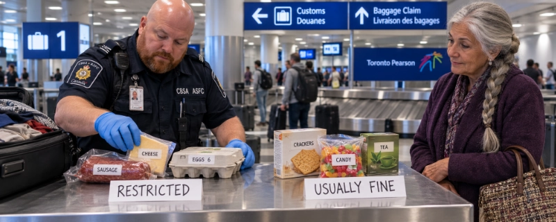 Customs officer at Toronto Pearson sorting a traveller's food into two piles, sausage, cheese and eggs on one side and crackers, candy and tea on the other