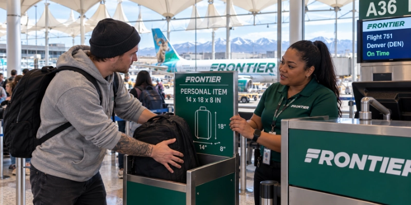Frontier Airlines gate agent at Denver airport measuring a traveler's backpack in the personal item sizer while the traveler watches