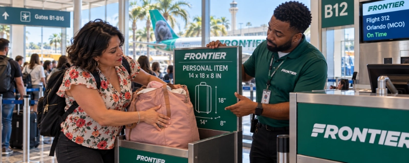 Woman at the Frontier gate in Orlando squeezing a pink tote bag into the personal item sizer