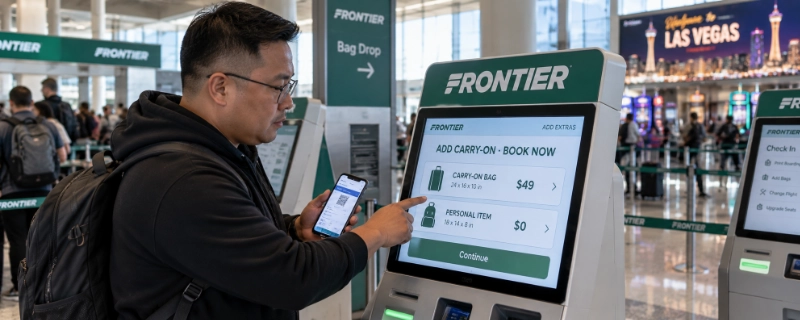 Man at a Frontier kiosk in Las Vegas looking at a screen that shows the carry-on bag price options