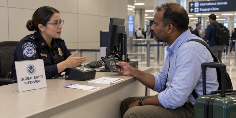 Female CBP officer in a navy uniform interviewing a traveler at a desk in the international arrivals area at Washington Dulles airport, with his passport, a utility bill and a fingerprint scanner on the desk