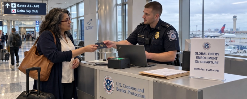 Woman with red glasses handing her passport to a young CBP officer at a small Enrollment on Departure desk at Detroit airport, next to a sign reading Mon to Fri 8 AM to 4 PM