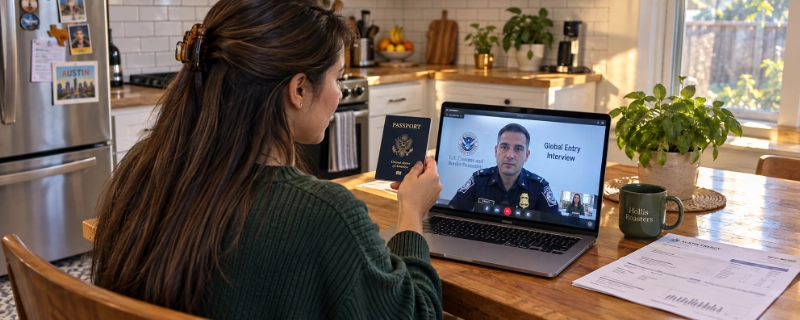 Woman with long chestnut hair at a kitchen table in a home in Austin holding up her passport to a laptop camera during a remote Global Entry renewal interview on Zoom, with a utility bill next to the laptop