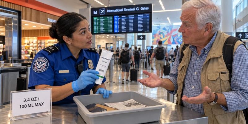 TSA officer at San Francisco International Terminal G explaining to a traveller that his 4.2 oz toothpaste tube is over the 3.4 oz limit, beside a card reading 3.4 oz or 100 ml maximum