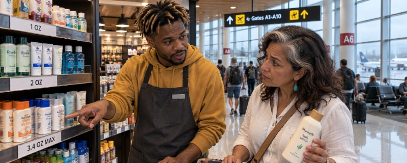 Shop clerk at Seattle-Tacoma airport pointing a customer to a shelf of travel-size bottles marked 1 oz, 2 oz and 3.4 oz