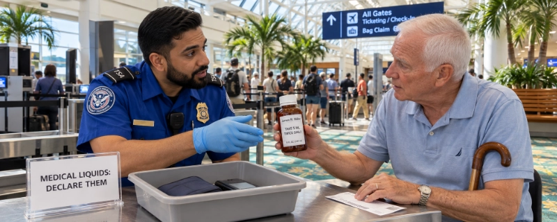 TSA officer at Orlando International talking with an older traveller about an 8 oz bottle of liquid medication that he is declaring