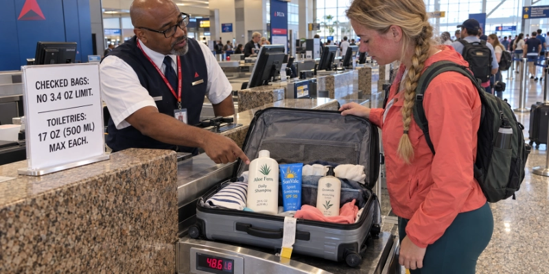 Airline agent at the Atlanta airport check-in counter weighing a woman's suitcase, with full-size shampoo and sunscreen bottles packed inside and a sign saying checked bags have no 3.4 oz limit