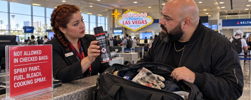 Check-in agent at Harry Reid Las Vegas airport telling a traveller that the can of spray paint from his suitcase is not allowed in checked bags