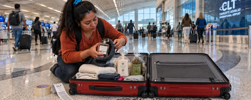 Woman at Charlotte Douglas airport repacking an open suitcase, wrapping a glass perfume bottle in a sock before placing it between sweaters