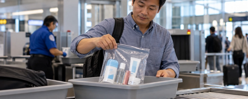 Traveller with a visible face pulling a clear liquids bag of cosmetics out of a carry-on at an airport security tray