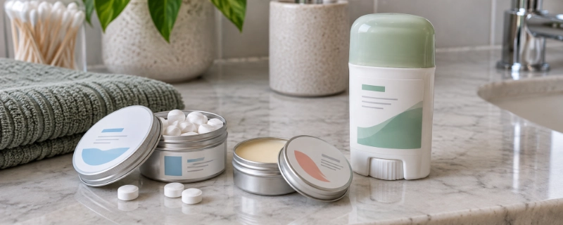 Close-up of solid toiletry alternatives on a bathroom counter: toothpaste tablets, a solid perfume balm tin, and a stick deodorant