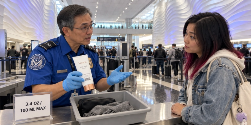 TSA officer at Salt Lake City International holding a full-size face cream tube over a grey bin beside a card reading 3.4 oz or 100 ml maximum, in front of the white sculpted wall