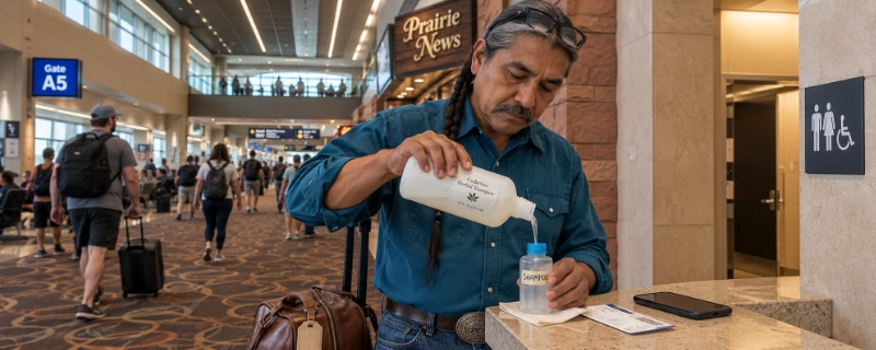 Man at a ledge in the Phoenix Sky Harbor Terminal 4 concourse pouring shampoo from a half-empty 12 oz bottle into a 2 oz travel bottle