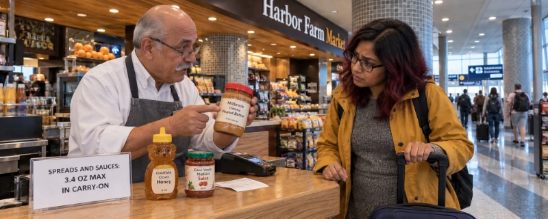 Customer and cashier at a grab-and-go market in Boston Logan Airport with a jar of peanut butter, a honey squeeze bottle and a jar of salsa on the counter