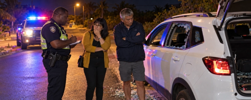 Police officer writing a report at night beside a parked rental SUV with a smashed rear window and glass on the road while a shocked tourist couple stands beside it under a streetlight