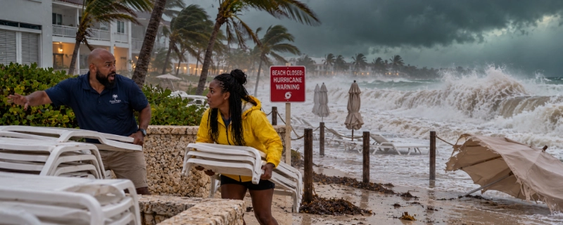 Storm waves and bent palm trees at Grace Bay as resort staff stack lounge chairs ahead of an approaching hurricane