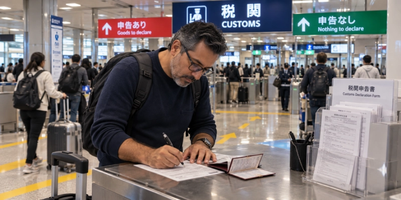 Traveller filling in a paper customs declaration form at a writing counter in a Japanese airport customs hall