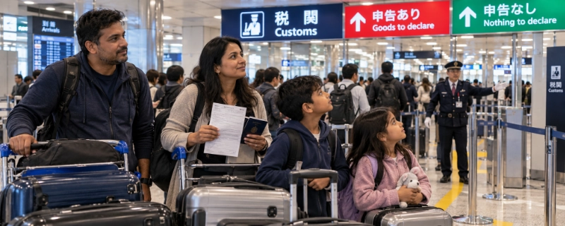 Family of four holding a customs declaration form while waiting in line in a Japanese airport arrivals hall