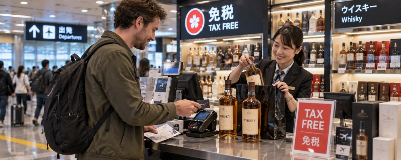Traveller paying for bottles of whisky at an airport duty-free shop counter in Japan