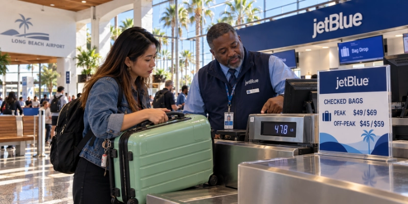 JetBlue check-in counter at Long Beach airport with an agent and a traveler weighing a suitcase beside a sign showing peak and off-peak bag prices