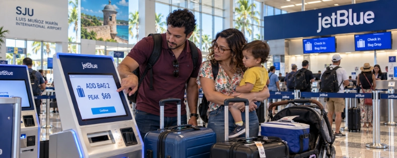 Family at the JetBlue check-in hall in San Juan airport adding a second checked bag on a kiosk screen that shows the peak price