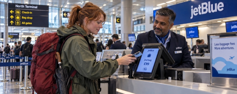 Traveler at the JetBlue desk in London Gatwick North Terminal paying for a second checked bag on a Base fare