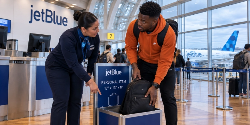 JetBlue agent at New York JFK Terminal 5 checking a traveler backpack against the personal item size frame under a jetBlue sign