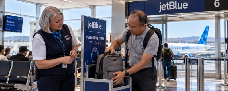 Man at the JetBlue gate in Burbank airport placing a small gray backpack into the personal item sizer while the agent watches