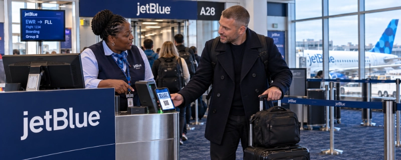 Man at the JetBlue gate in Newark showing a boarding pass and carrying a black roller bag and a small backpack