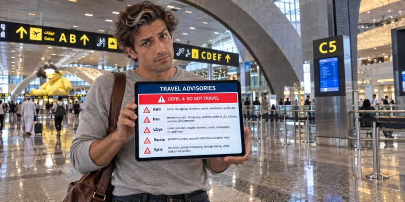 Traveler in the Doha Hamad departures hall holding up a tablet that shows a red LEVEL 4: DO NOT TRAVEL list of five countries with the reason for each, looking at the camera with raised eyebrows