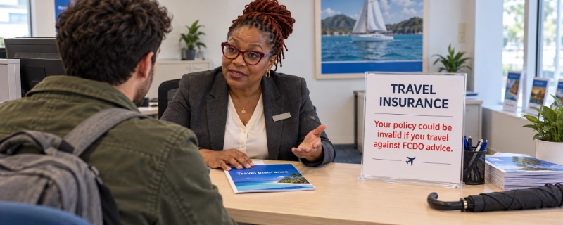 Insurance agent behind a counter speaking to a customer seen from behind, with a leaflet stand beside them saying a travel insurance policy could be invalid if you travel against FCDO advice