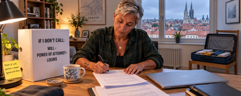 Woman at a home desk signing a document beside a binder labelled IF I DON’T CALL: WILL, POWER OF ATTORNEY, LOGINS, with a sticky note about a proof of life question