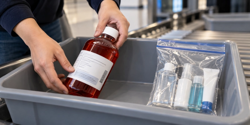 Traveller placing a large bottle of liquid medication into a security tray separately from a clear liquids bag