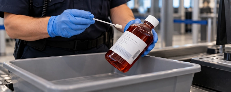 TSA officer testing a bottle of liquid medication with a vapor detection swab at the security checkpoint