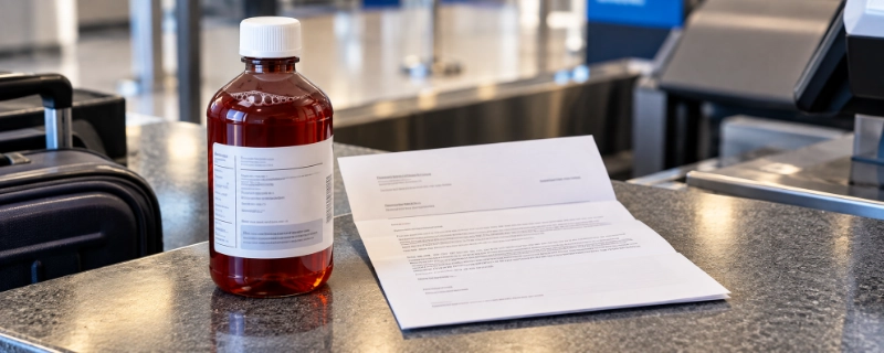 Printed doctor's letter placed beside a large bottle of liquid medication at an airport check-in counter