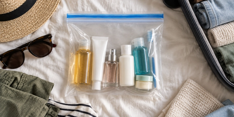 Traveller placing a clear liquids bag into a security tray at an airport